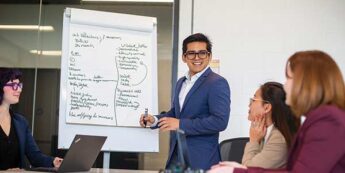 Male student with a large easel behind him presenting to three female students.