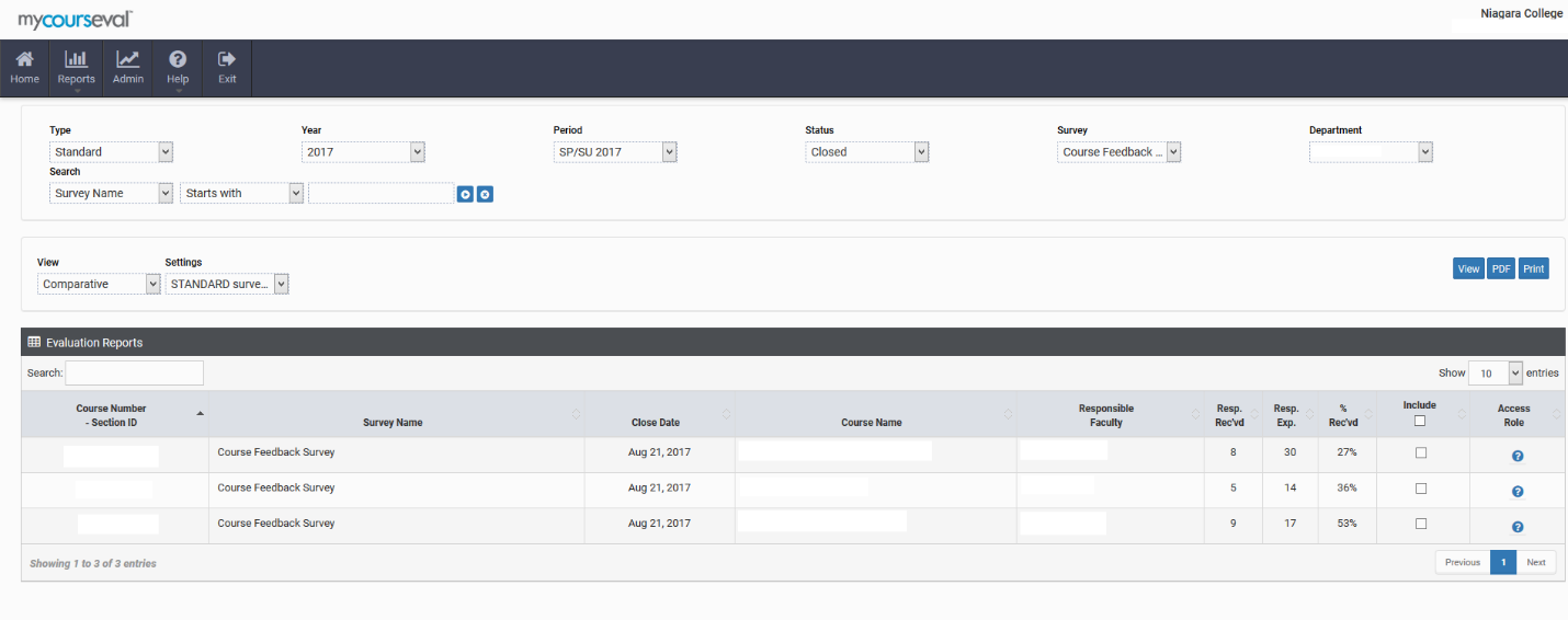 A screenshot of the Administrative screen on CourseEval