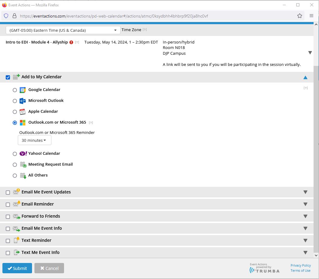 Sample showing appropriate option to selection in pop up window