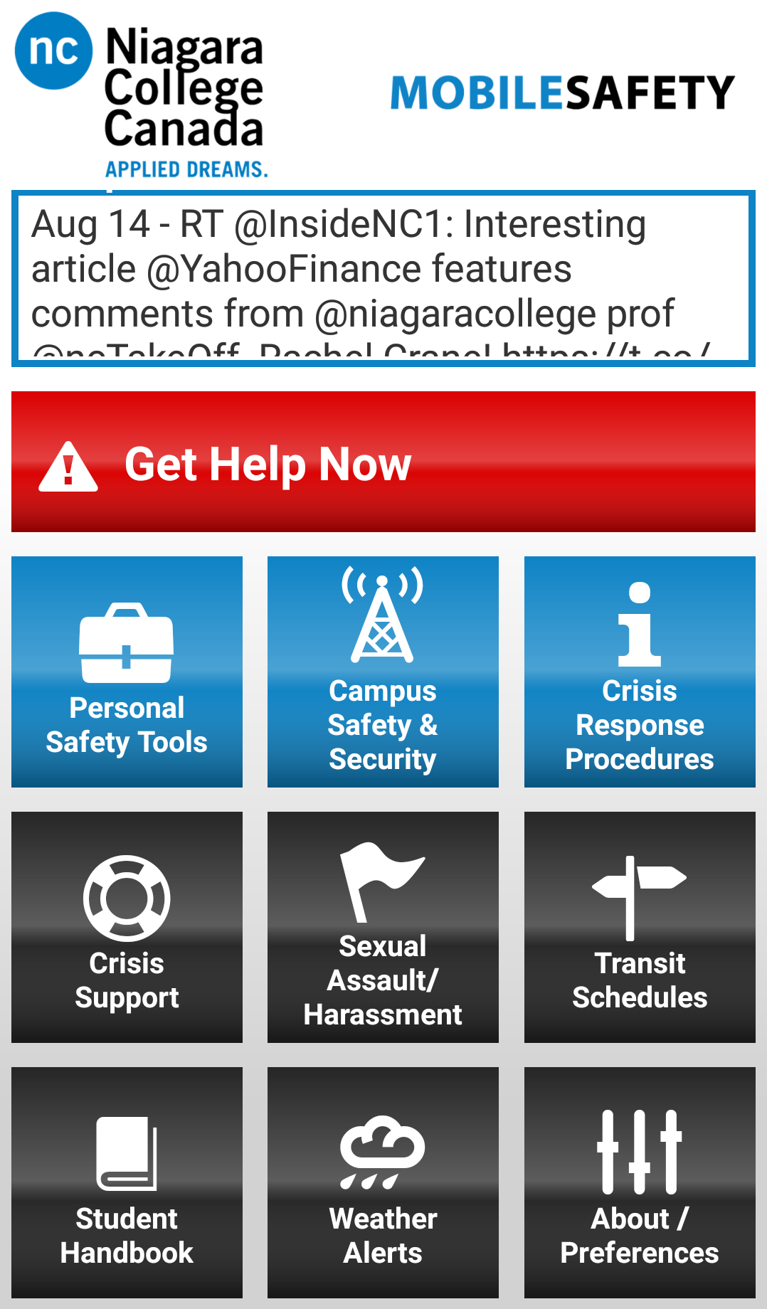 Screenshot of the safety app