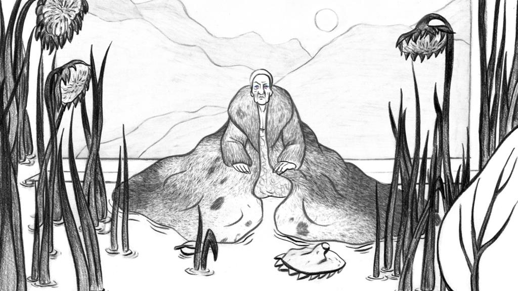 A drawing of a woman with a mountain in the background.