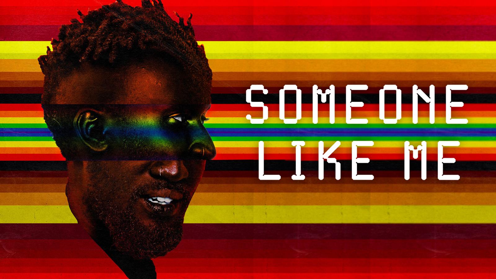A collage of faces in front of a rainbow back ground