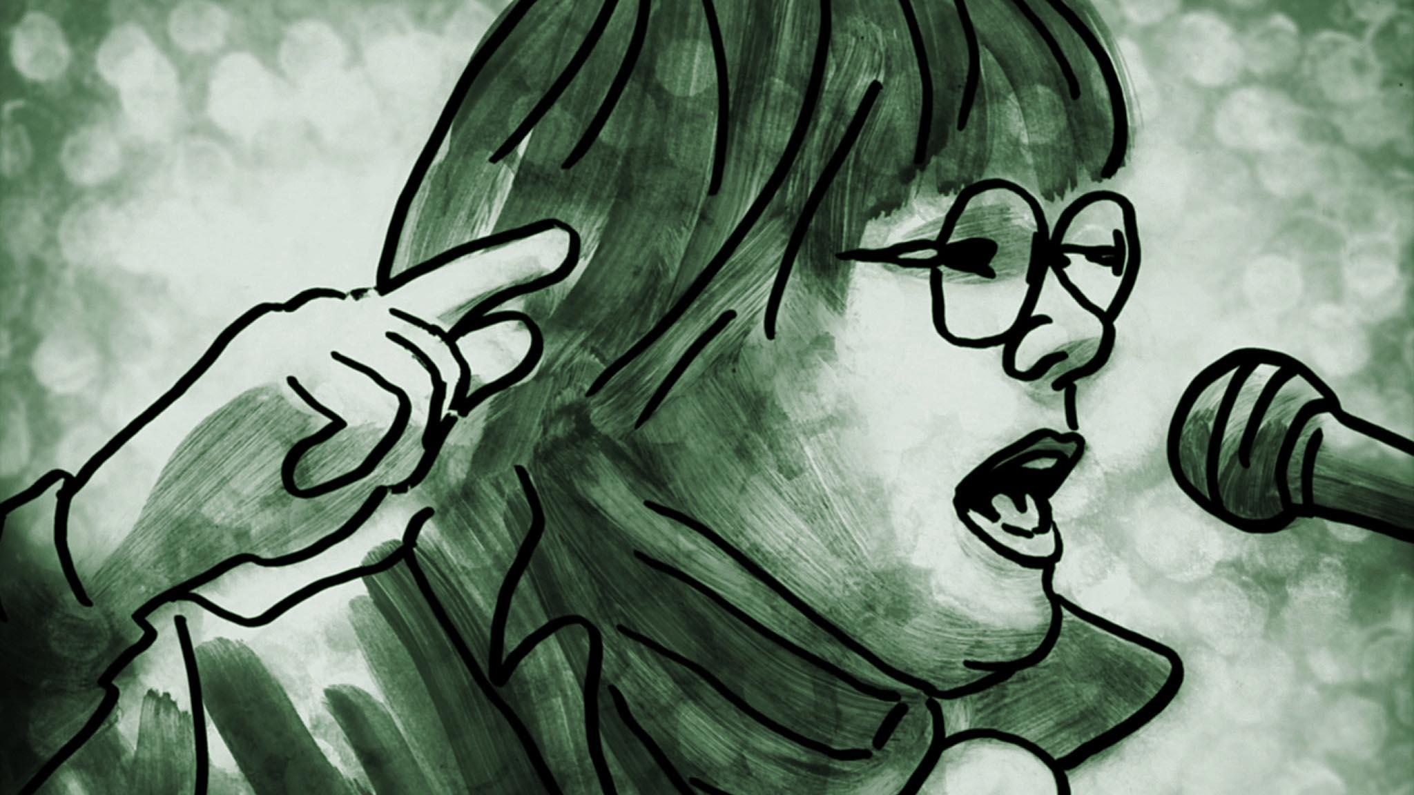 A drawing of a woman speaking at a microphone