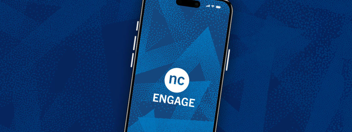 Iphone on blue background displaying NC Engage Logo on the screen.