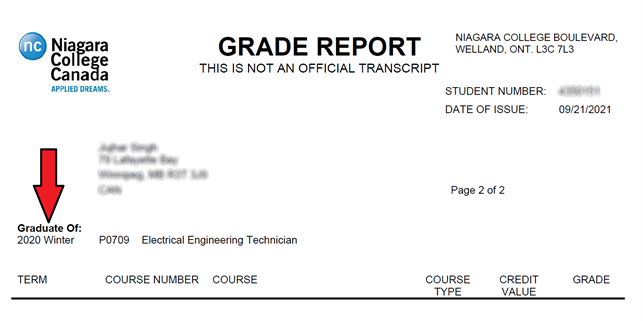 A grade report from MyNC