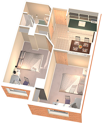 A top down view of a Residence suite showing the bathroom, 2 bedrooms, and kitchen area