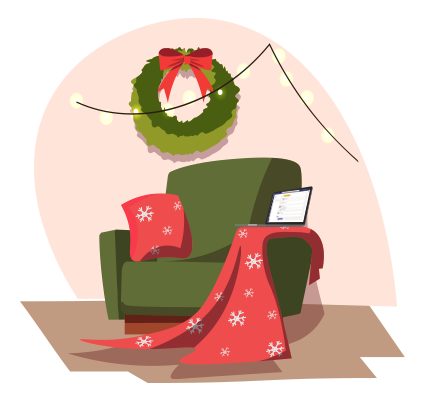 Illustration of comfortable chair with snowflake blanket, laptop and pine bough wreath