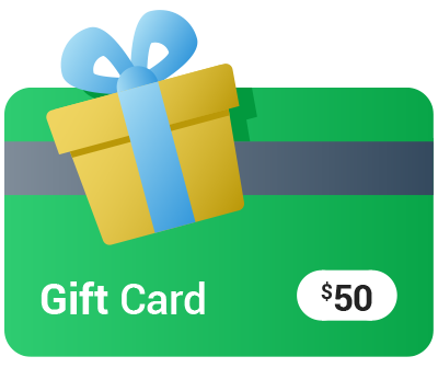 An illustrated gift card with $50 written on it
