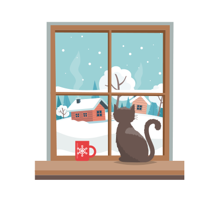 Cat looking out a frosty window at snowy houses