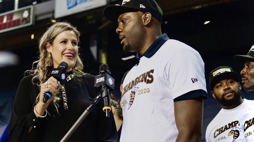 Amy Audibert interviews a basketball player from the 2020 CEBL championships