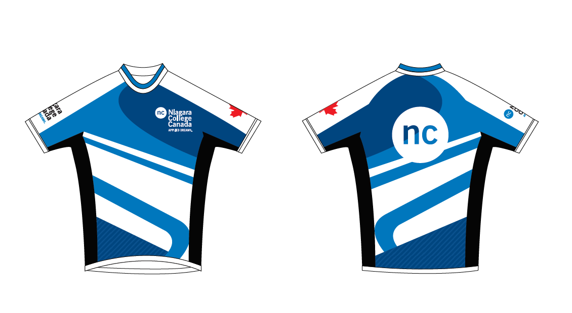 A design graphic of the front and back of a branded jersey. The jersey is blue and white striped with the Niagara College logo on the front and back, as well as a red maple leaf on the sleeve.