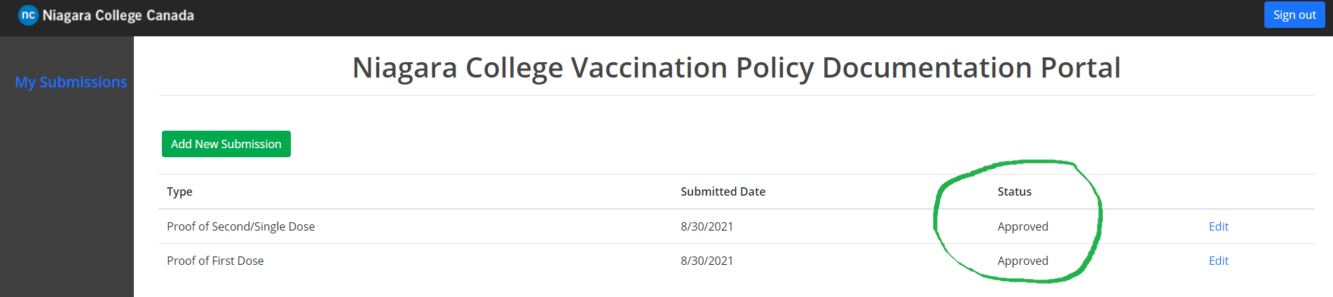 A screenshot of an approved vaccination record in the employee portal.