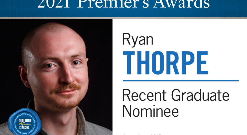 A head shot of a man with a moustache wearing a grey collared shirt; the words 2021 Premier's Awards, Ryan Thorpe, Recent Graduate Nominee