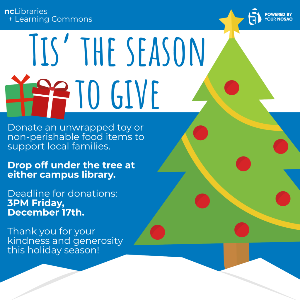 a poster promoting a holiday toy and food drive features a Christmas tree and wrapped gifts