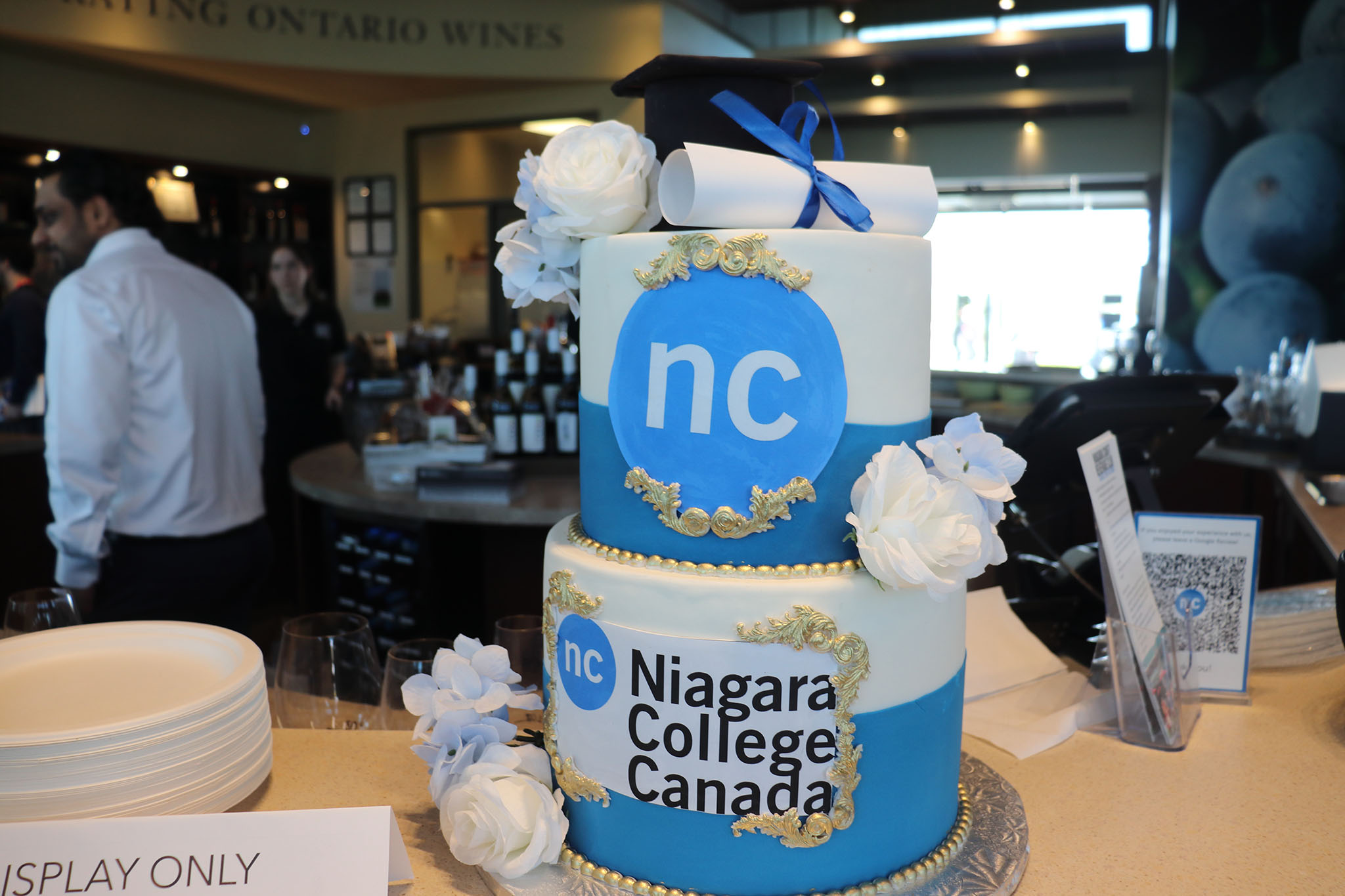 a blue and white Niagara College themed cake