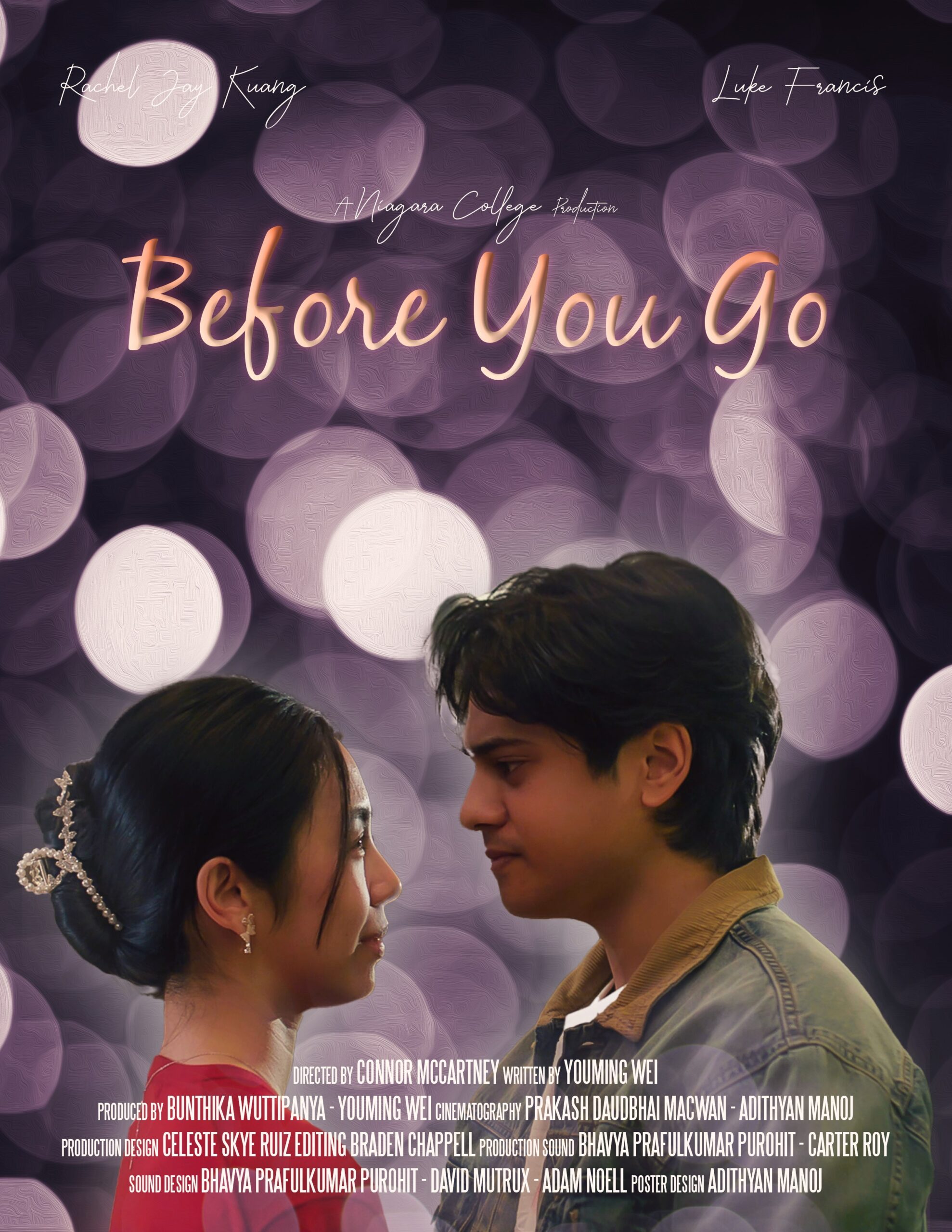 A poster for the film Before You Go featuring two young adults gazing at each other closely 