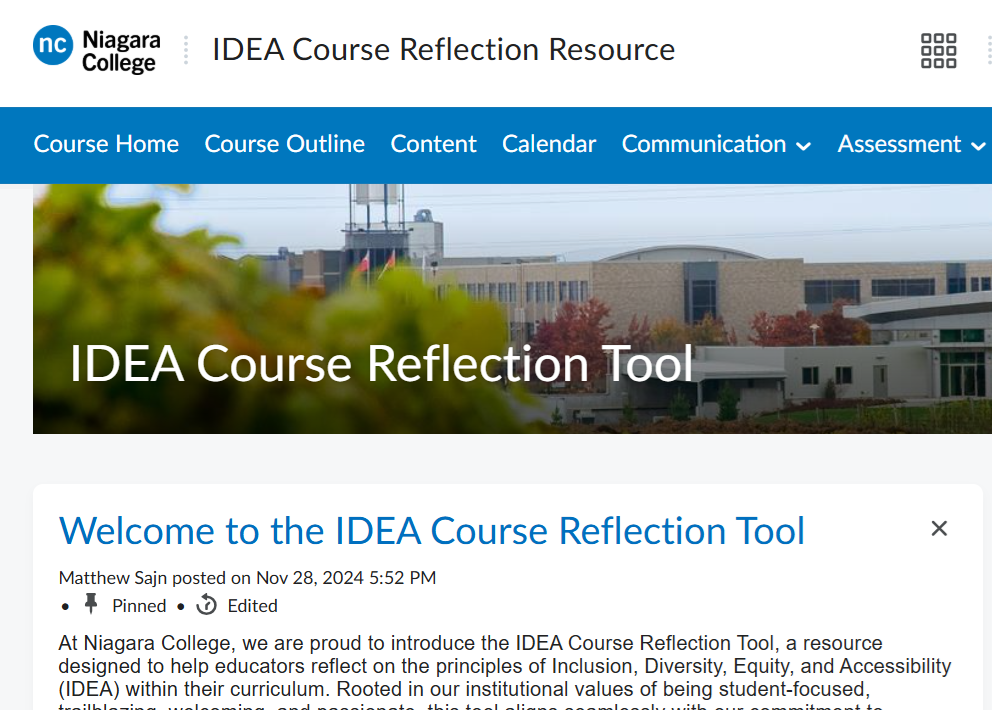 A web screenshot of the IDEA Reflection Tool in Brightspace. Features a landscape photo of the NC tower at the DJP-NOTL Campus with white and blue text.