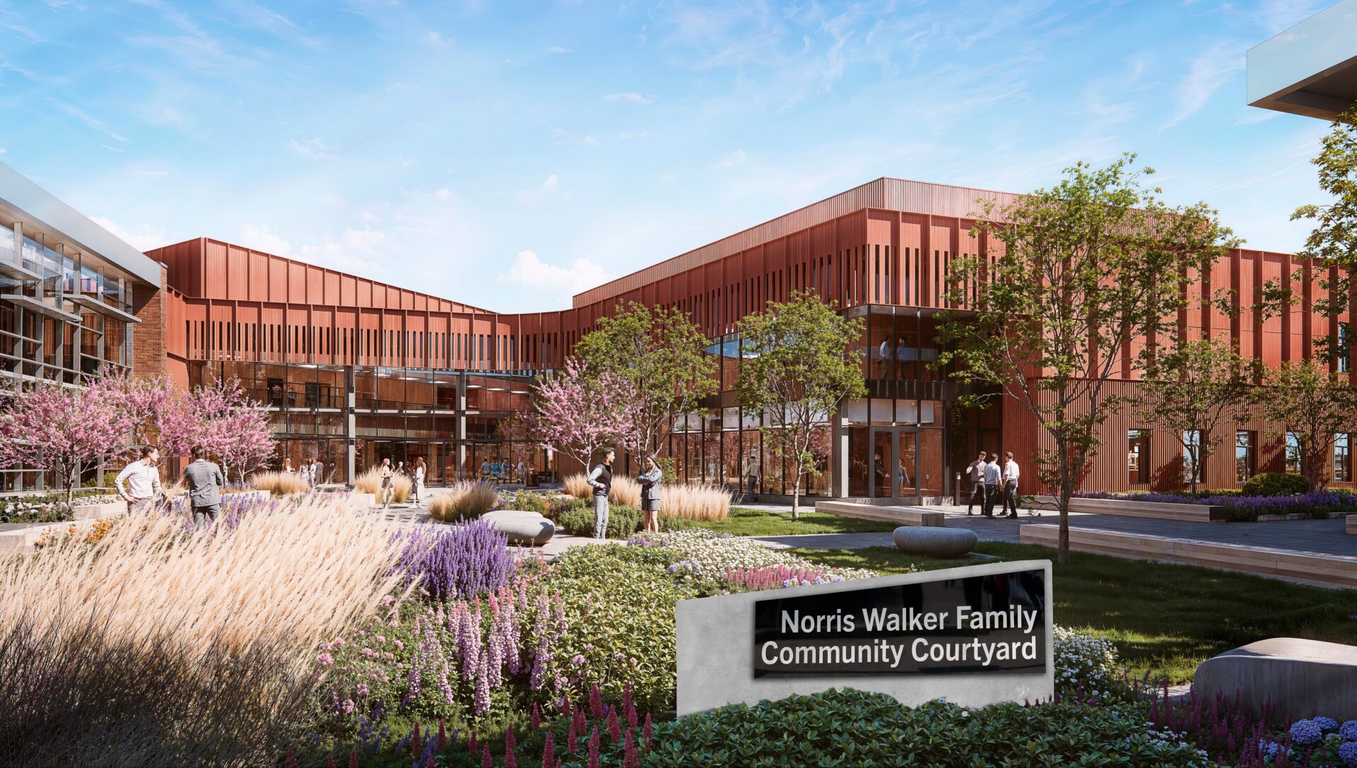 A rendering of the new Health Education building with large windows surrounds a landscaped courtyard with trees, flowers, pathways, and a sign reading Norris Walker Family Community Courtyard.