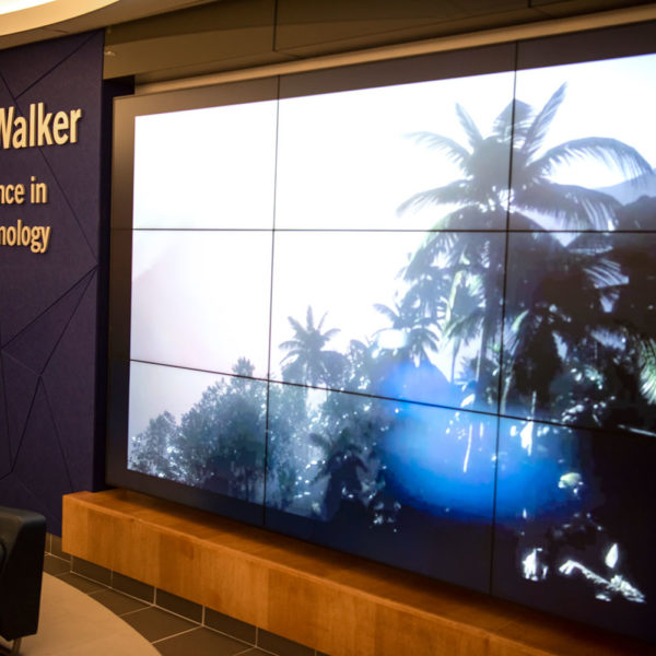 Large digital screen displaying relaxing scenes