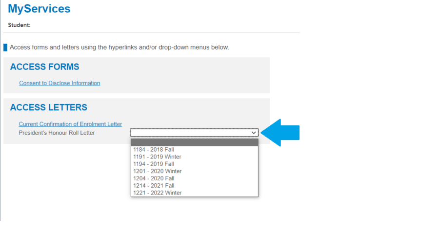 A screenshot showing the drop-down menu with available terms to select