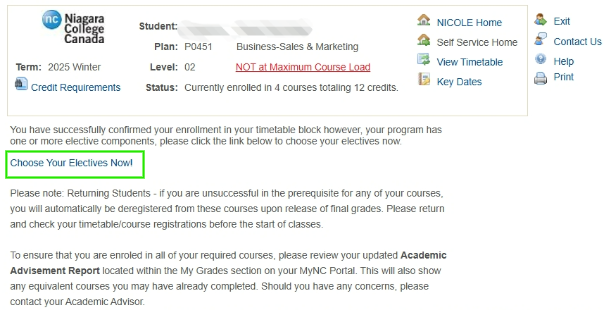 Choose Your Elective Now hyperlink displays after selecting your timetable block