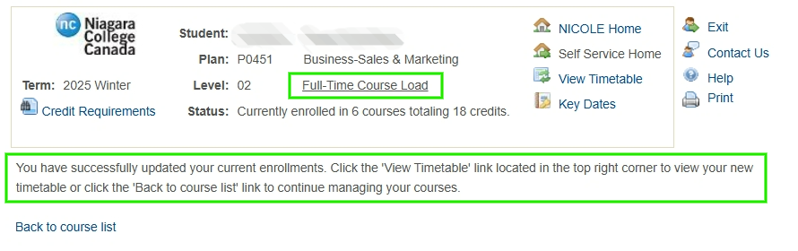 NICOLE displays Full Time course load with enrolment success message