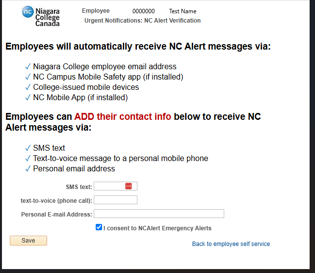 Employee NC alert interface within MyNC