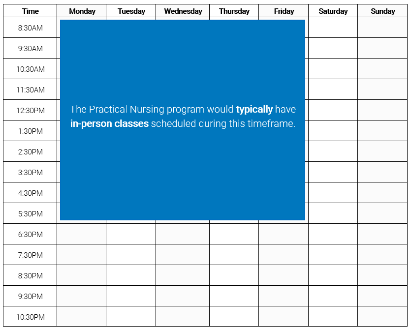 A table demonstrating that in-person classes will typically be scheduled Monday-Friday from 8:30pm to 5:30pm