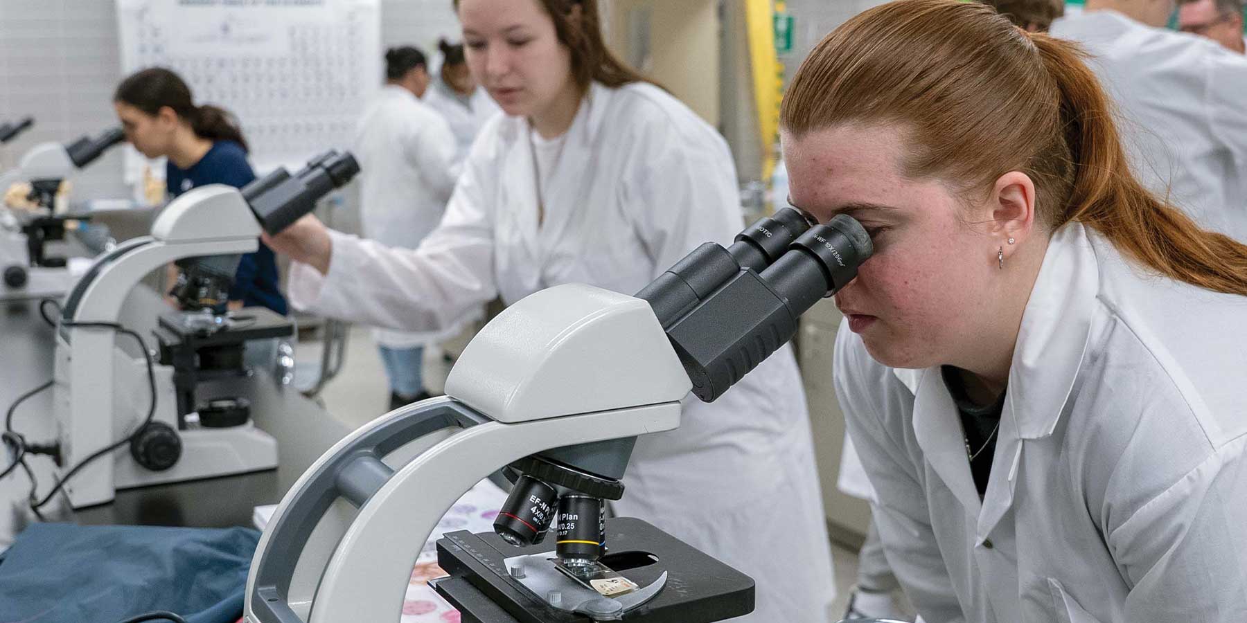 student using microscope in a lab