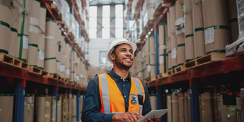 Man wearing vest and hard hat in warehouse