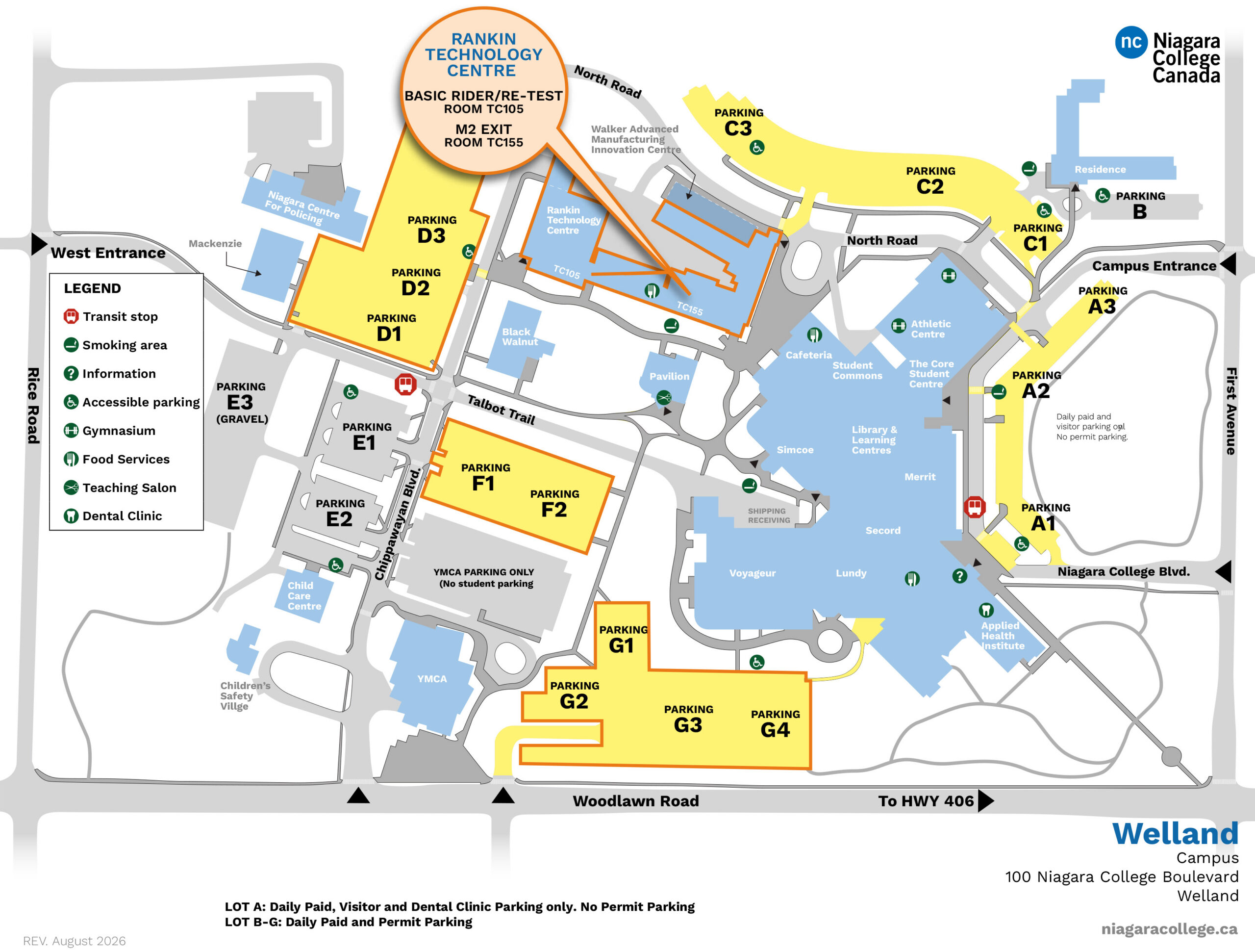 A campus map indicating lot locations