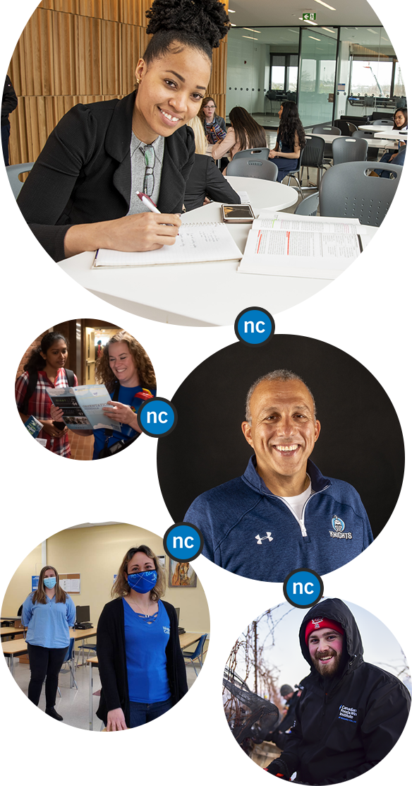 Individual images of NC staff and students connected to each other by small NC logos