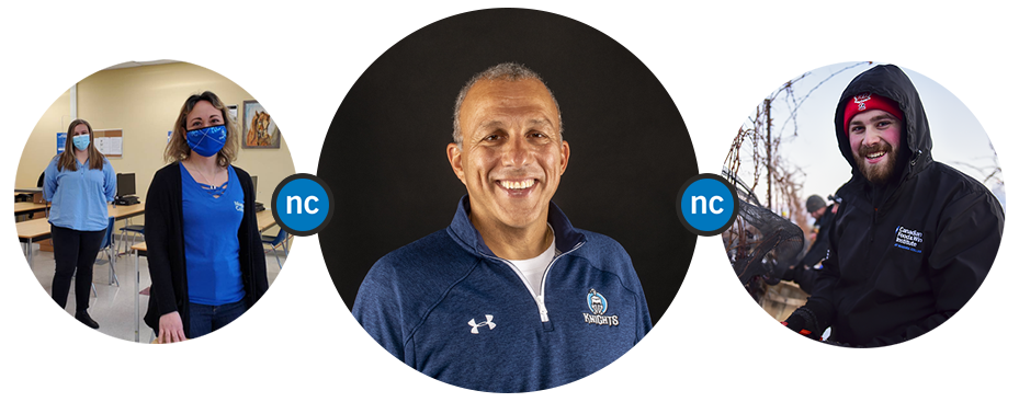 Individual images of NC staff connected to each other by small NC logos