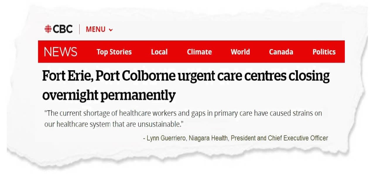 Newspaper clipping about urgent care centres closing overnight in Fort Erie and Port Colborne. 