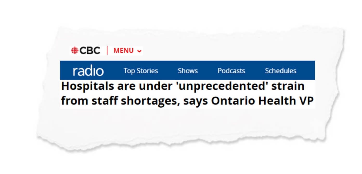 Newspaper clipping demonstrating hospital staff shortages in Ontario.