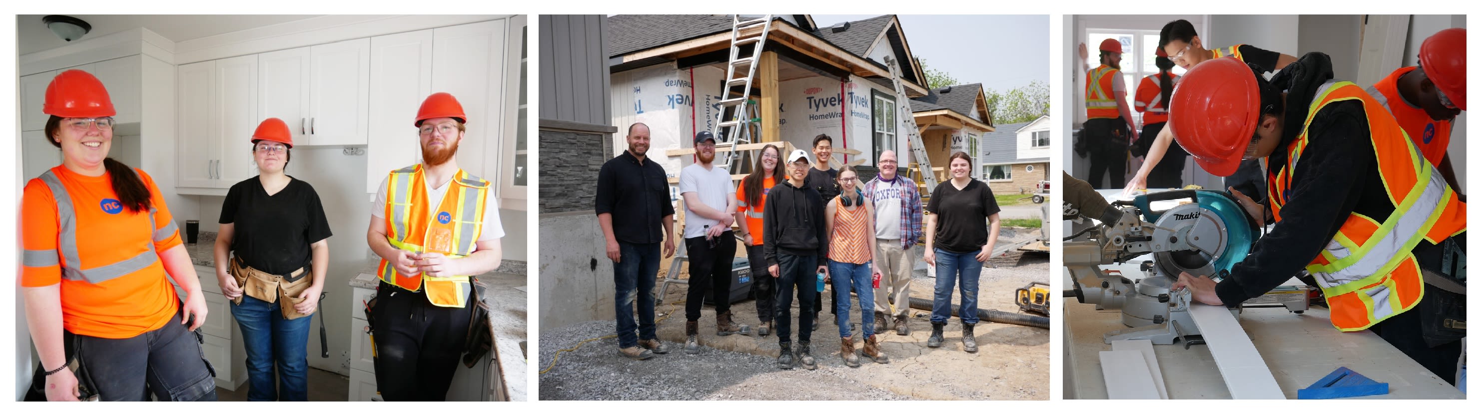 A three-image collage of students helping finish a Habitat for Humanity Niagara home in Thorold.