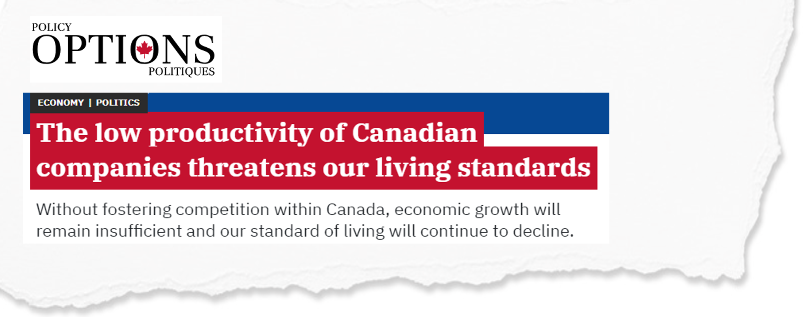 Newspaper clipping demonstrating trend of declining productivity levels within Canada.