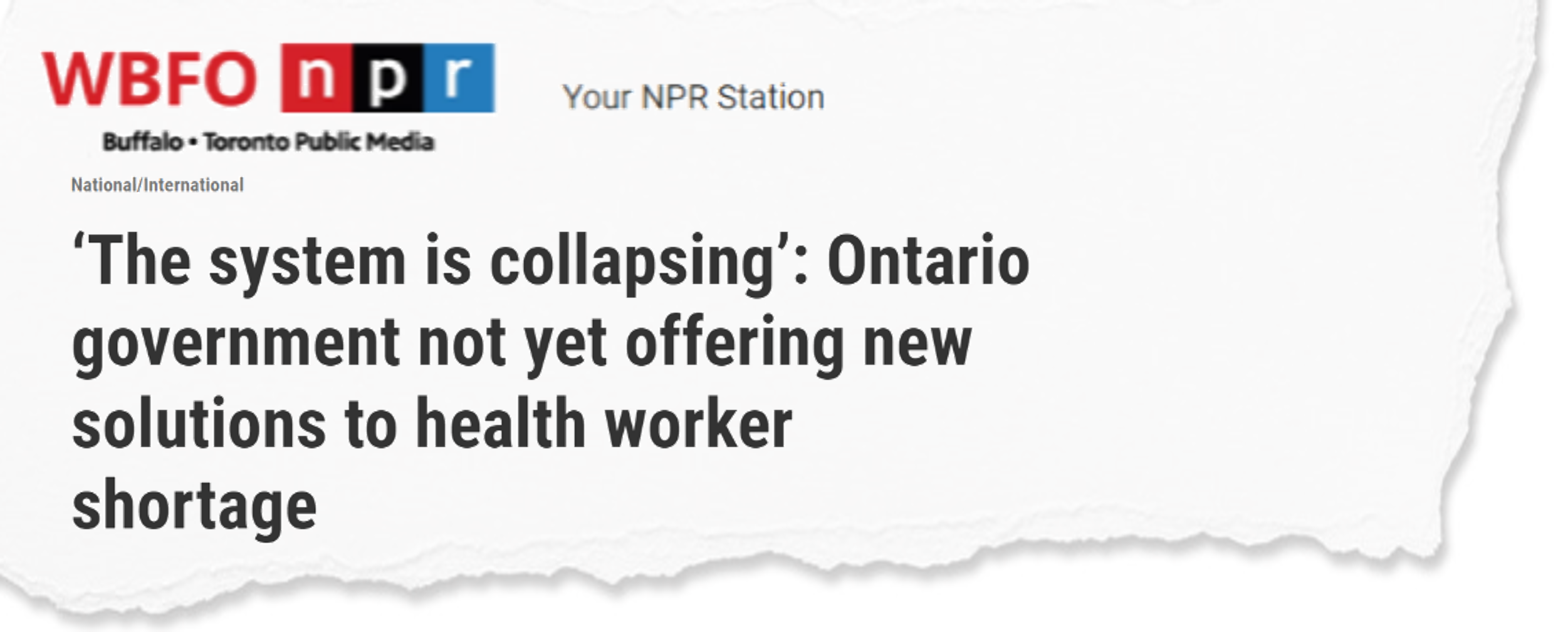 Newspaper clipping demonstrating hospital staff shortages in Ontario.