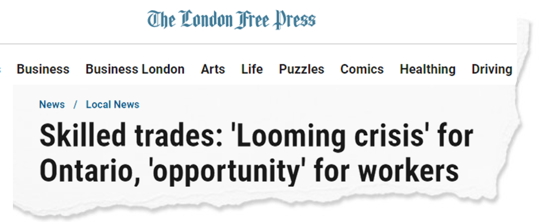 Newspaper clipping demonstrating skilled trades worker shortages in Ontario.