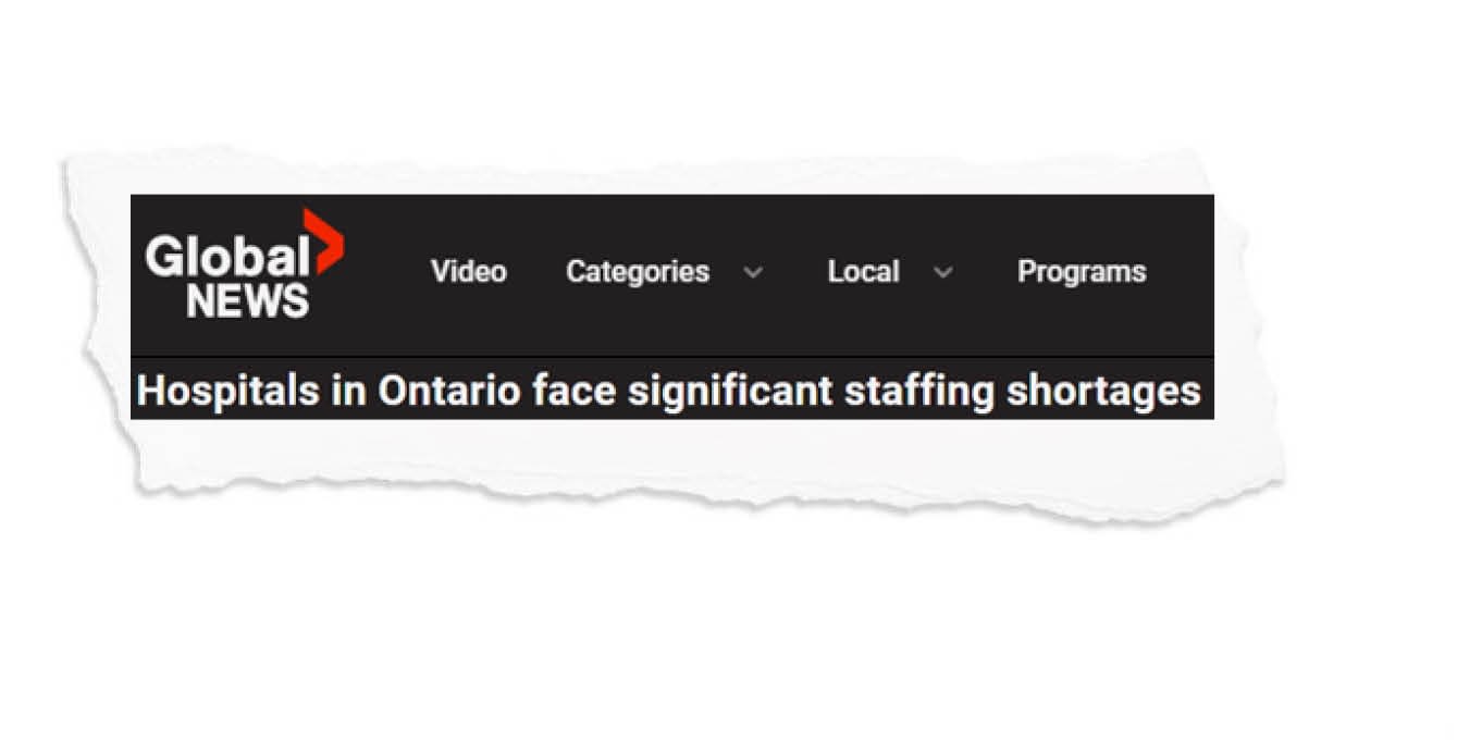 Newspaper clipping demonstrating hospital staff shortages in Ontario.