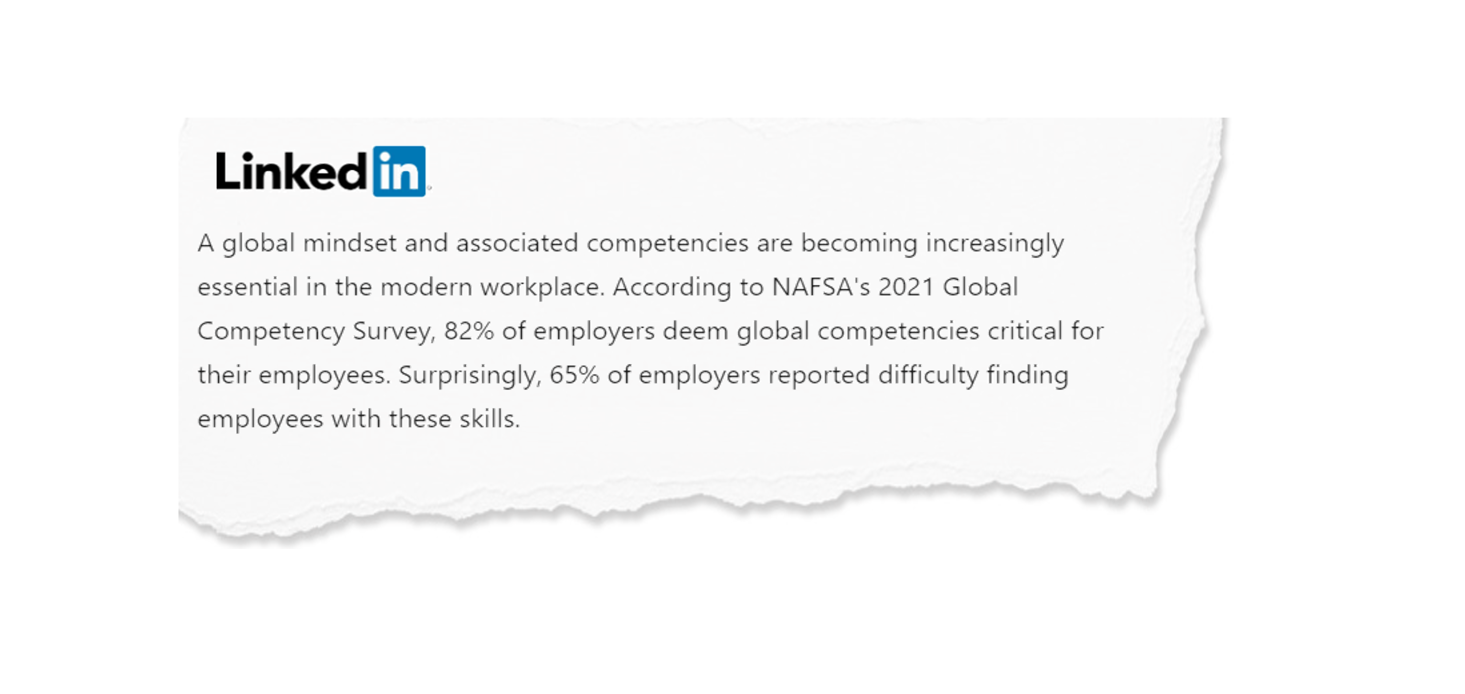 LinkedIn post clipping demonstrating the importance of developing a global mindset for employment success.