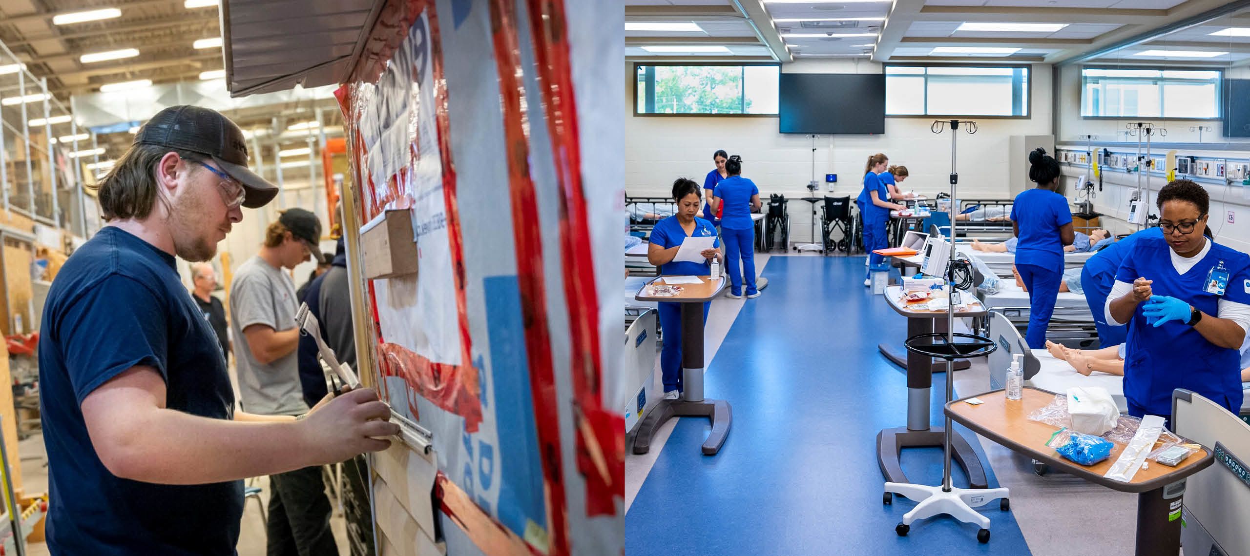 Two photos showing skilled trades and healthcare students training for their jobs.