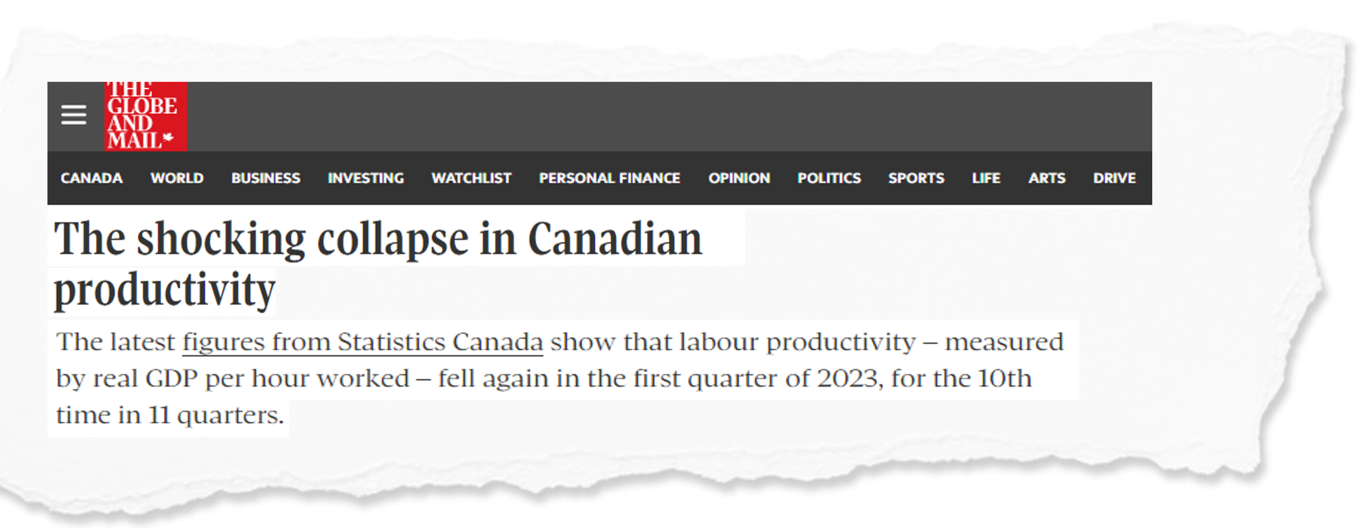 Newspaper clipping demonstrating trend of declining productivity levels within Canada.