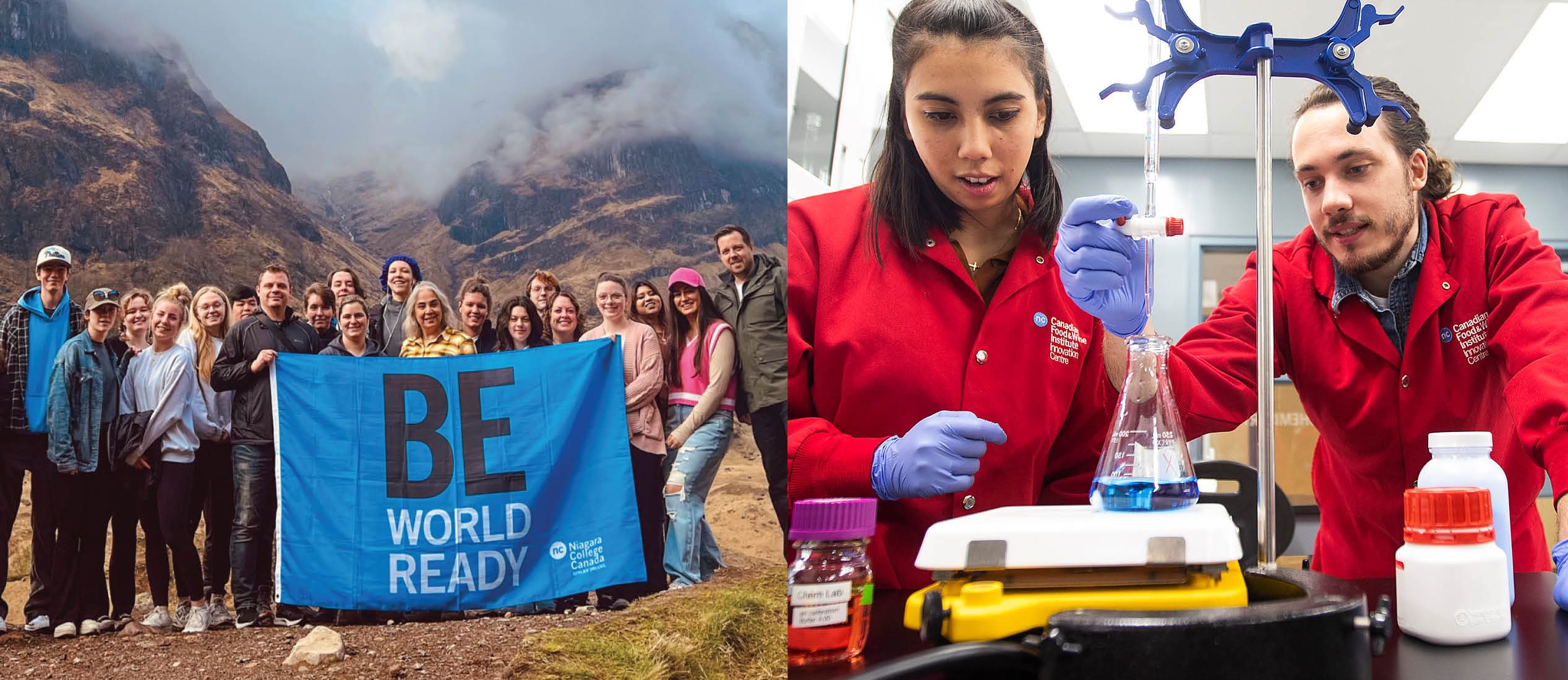 Two photos showing students as global citizens traveling the world and contributing in labs toward Canadian research and innovation.