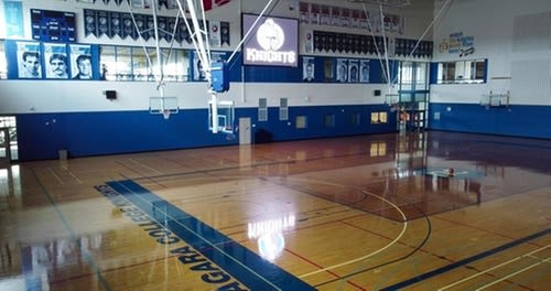 The gym at Niagara College's Welland campus displays the varsity basketball court and the Knights logo.