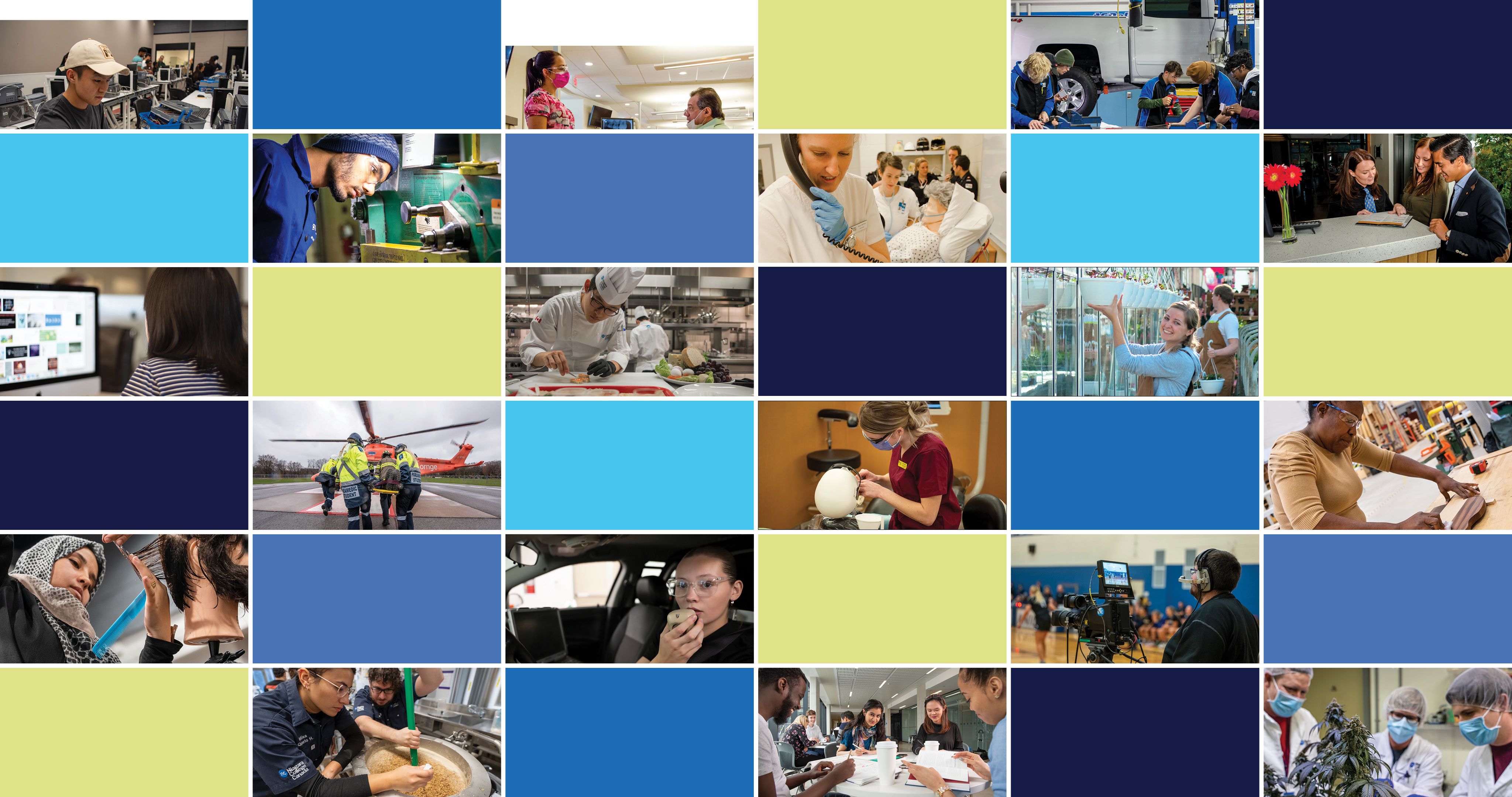 Multi-photo collage depicting students in various Niagara College programs.