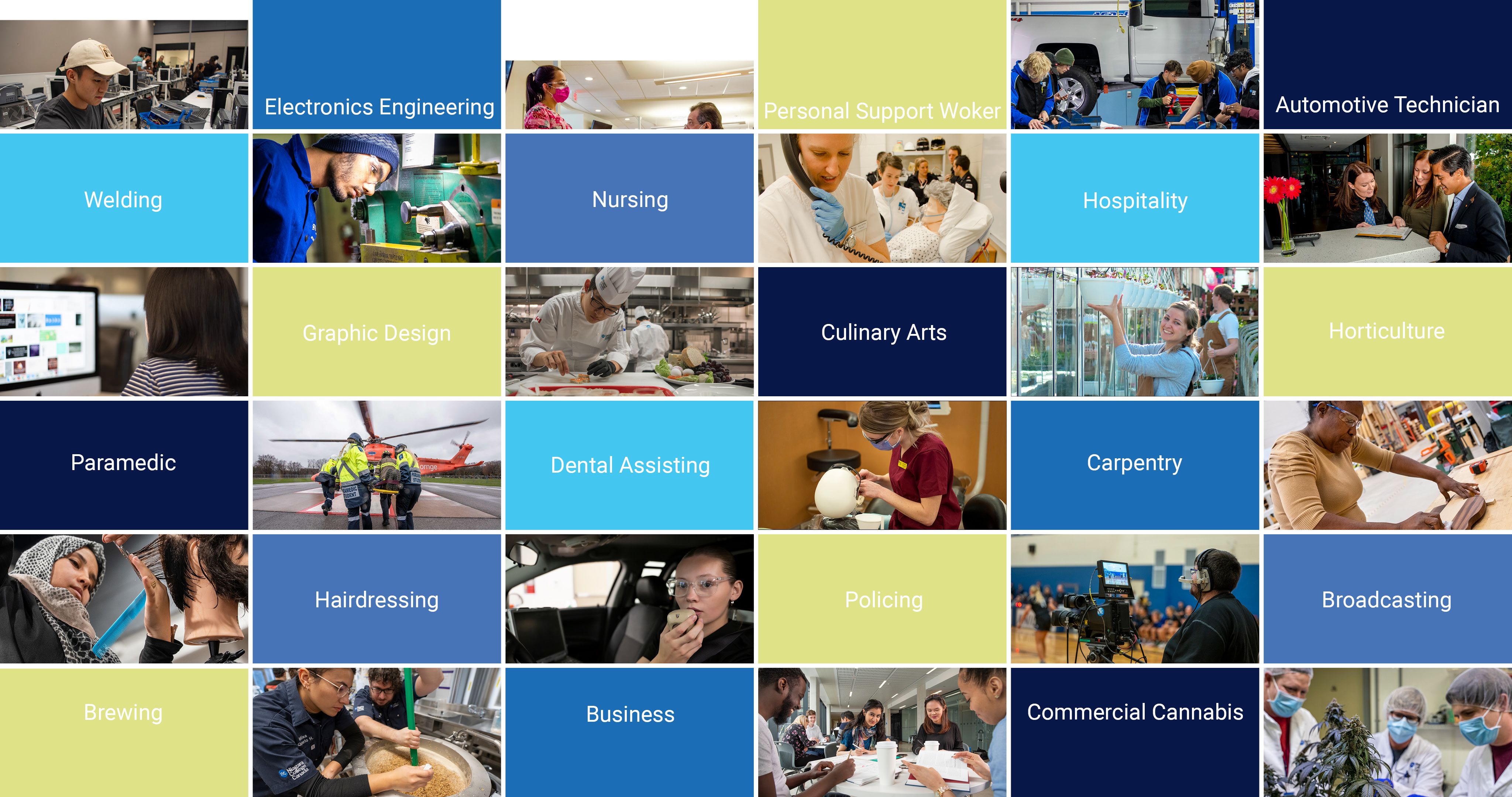 Multi-photo collage depicting students in various Niagara College programs.