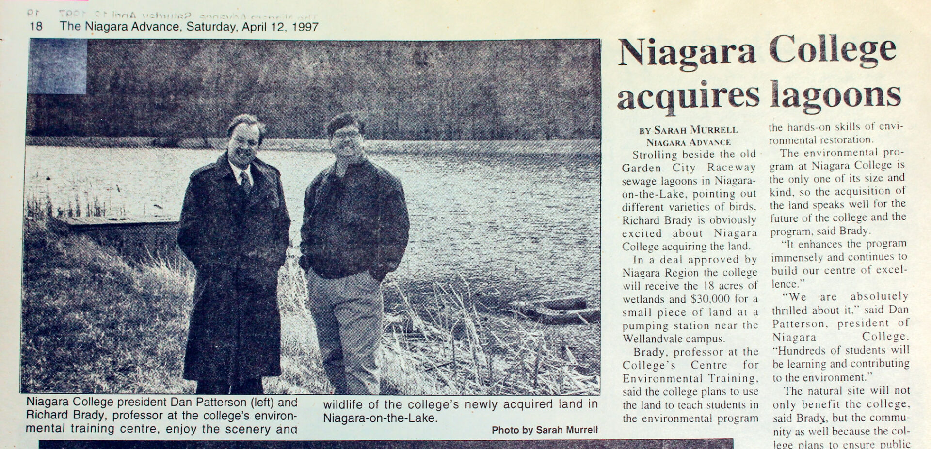 A picture of a newspaper article title: Niagara College acquires lagoons