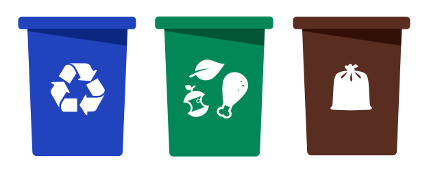 A recycling bin, an organics bin and a trash bin