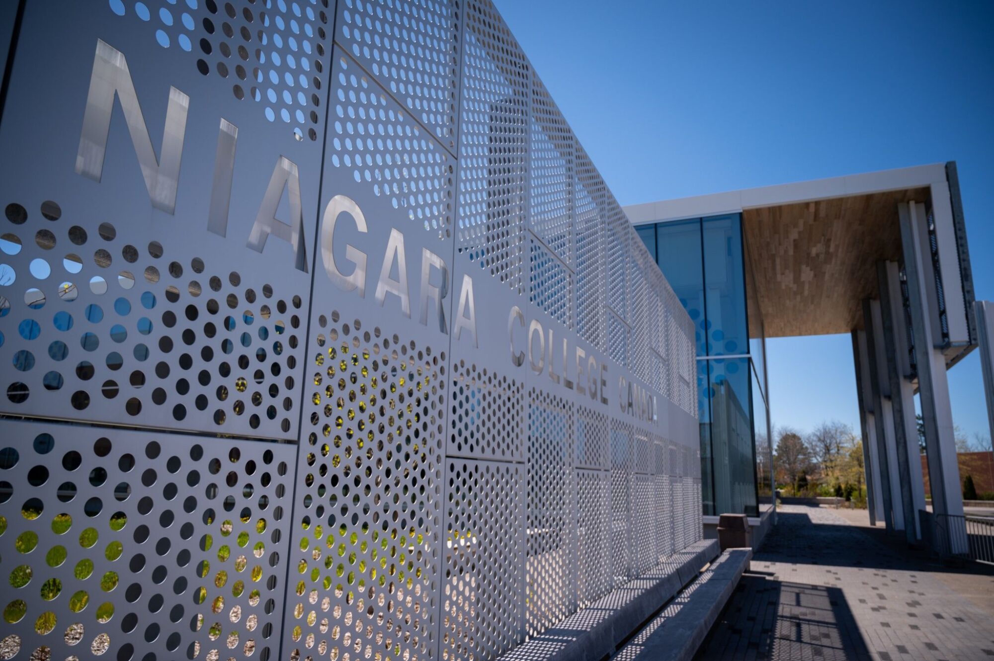 An exterior photo of the Niagara College Student Commons building at the Welland Campus